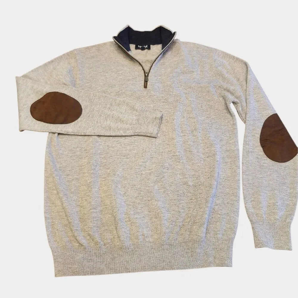 Spada‎ Roma Italian Mens XL Gray 1/4 Zip Wool Cashmere Blend Sweater Elbow Patch